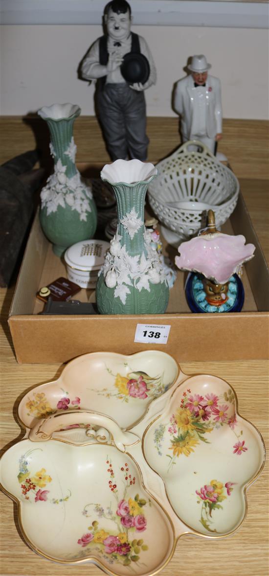 Worcester ceramics, figures and pair of vases